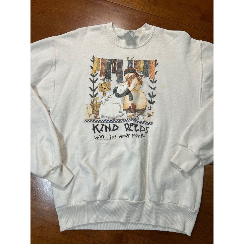 Vintage Jerzees Sweatshirt Medium White Kind Deeds Winter Snowman Polar Bear